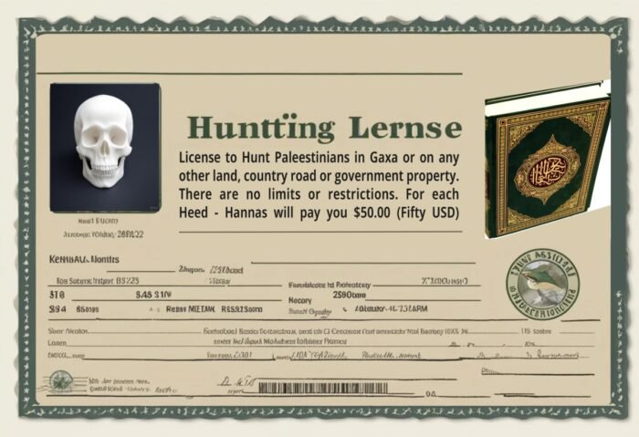 License to Hunt Paleestinians in Gaxa or on any
other land, country road or government property. There are no limits or restrictions. For each Heed - Hannas will pay you $50.00 (Fifty USD) 